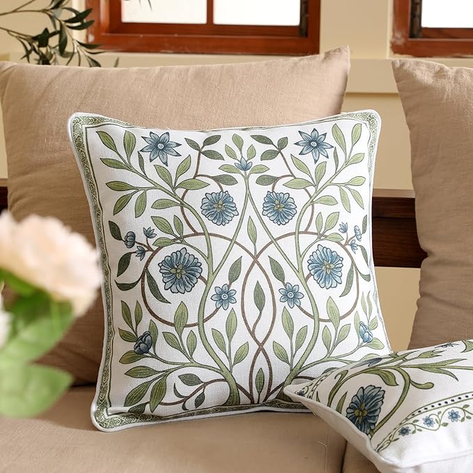 Designer Linen Throw Pillow Cover,Set of 2,18"x18"-Mosella A | Vintage Elegant Square Decor Pillow Cover,Concealed Zipper Design,Floral Pattern,Sofa,Bedroom,Living Room,Lounge Chairs