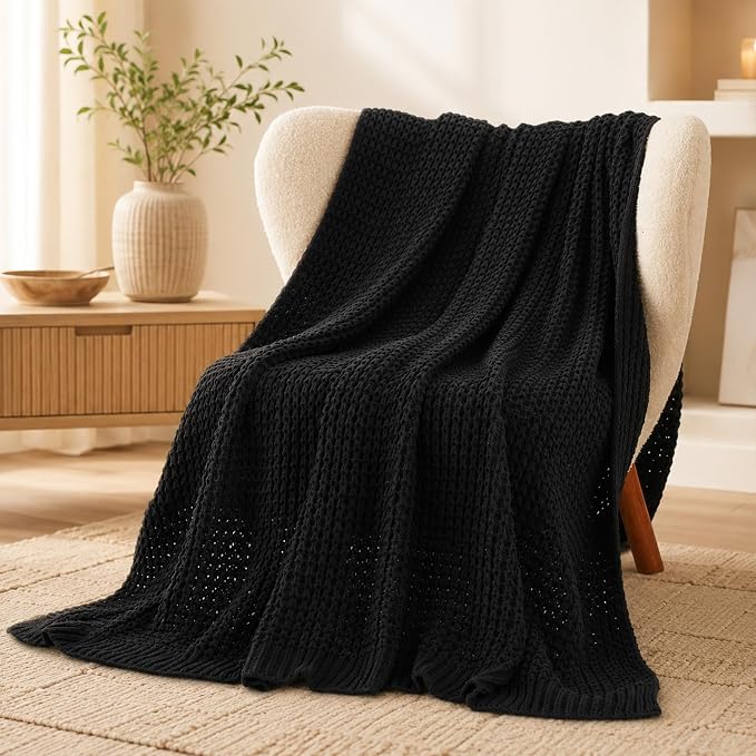Waffle Knit Throw Blanket, Black Chenille Throw Blanket for Couch 50"x60" | Cozy Stylish Chunky Knitted Blanket, Ideal for Bed Sofa Men Home Decor,Modern Farmhouse Waffle Knit Texture