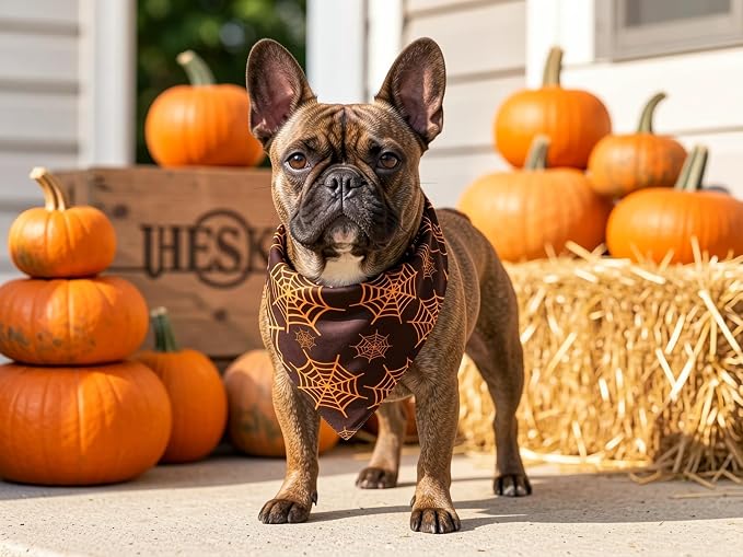 Fall Dog Bandanas 2PCS Halloween Pumpkin Spider Web Small Dog Cat | Reversible dog bandanas for fall & Halloween & Thanksgiving. Orange plaid/pumpkin/Spider Web design. Fits small dog cat