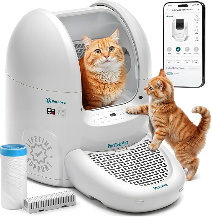 Petcove PurrTek Automatic Litter Box Self Cleaning 5GHz Wi-Fi, Odor Control | Quiet Operation with App Sealed Waste Bin, Advanced Safety Sensors, Auto Smart Self Cleaning Cat Litter Box for Multiple Cats