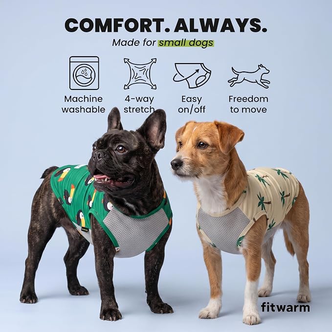 Fitwarm 2 Pack Toucan & Palm Tree UPF 50+ Sun UV Protection Dog Shirt, Lightweight Cooling Vest, Quick Dry Summer Clothes for Small Dogs Boy Girl, Pet Outfit, Green, Beige, XS