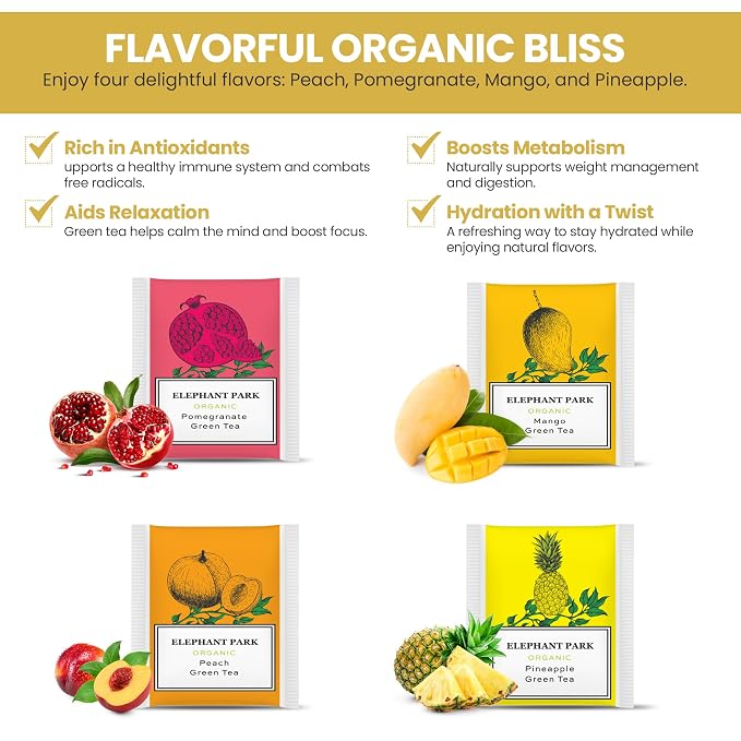 Elephant Park Premium Organic Fruit Green Tea Sampler, 100 Count Assorted Tea Bags, Caffeinated & Herbal Variety Pack Pineapple, Pomegranate, Mango, Peach Flavors
