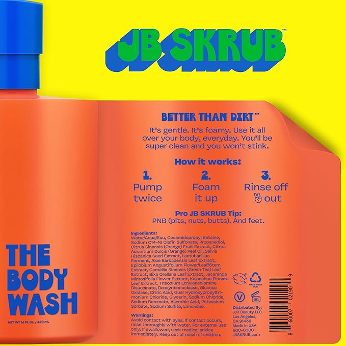 JB SKRUB The Body Wash for Kids, Tween & Teen Boys with Foaming Action & Natural Citrus Scent - No Harsh Ingredients Boys Body Wash - Conquer Adolescent Funk with Confidence - 14 Oz.