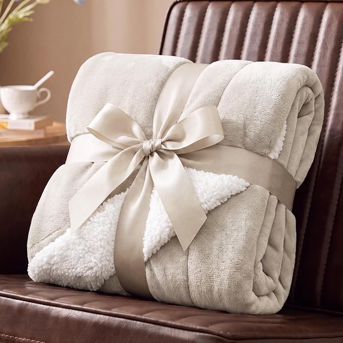 Bedsure GentleSoft Sherpa Fleece Twin Size Blanket for Couch, Non-Heated, Thick and Warm Throw for Women and Men, Soft Fuzzy Plush Twin Blanket for Winter, Beige, 60x80 Inches