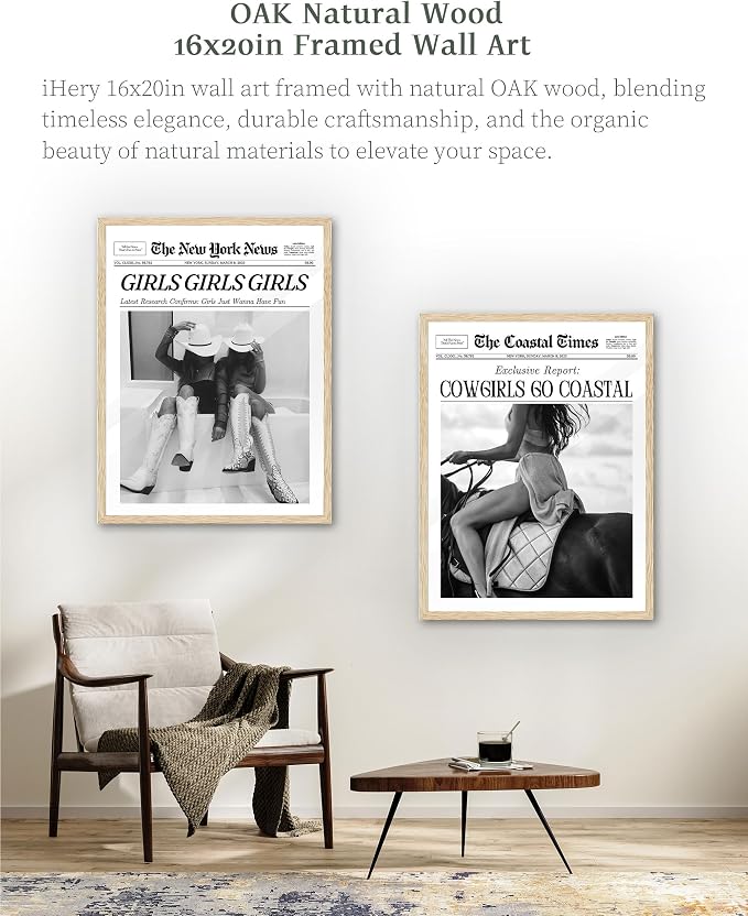 iHery 16x20in Girls Just Wanna Have Fun Framed Newspaper Wall Art | Natural OAK Wood Frame with Canvas Print, Western Cowgirl Decor for Bedroom, Dorm, Living Room and Bar Cart, 1Pack