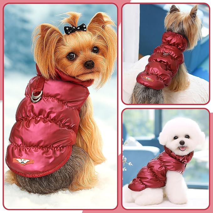 ABRRLO Winter Warm Dog Jacket for Small Medium Dogs Cat Cold Weather Coats with Harness Paded Dogs Fleece Vest Waterproof Windproof Dog Snow Jacket Pet Puppy Clothes (Wine red,L)