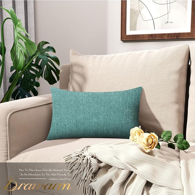 BRAWARM Throw Pillow Covers 12x20 Inches - Teal Chenille Lumbar Pillow Covers Pack of 2, Solid Dyed Soft Chenille Pillow Cases for Couch Sofa Bed Home Decoration