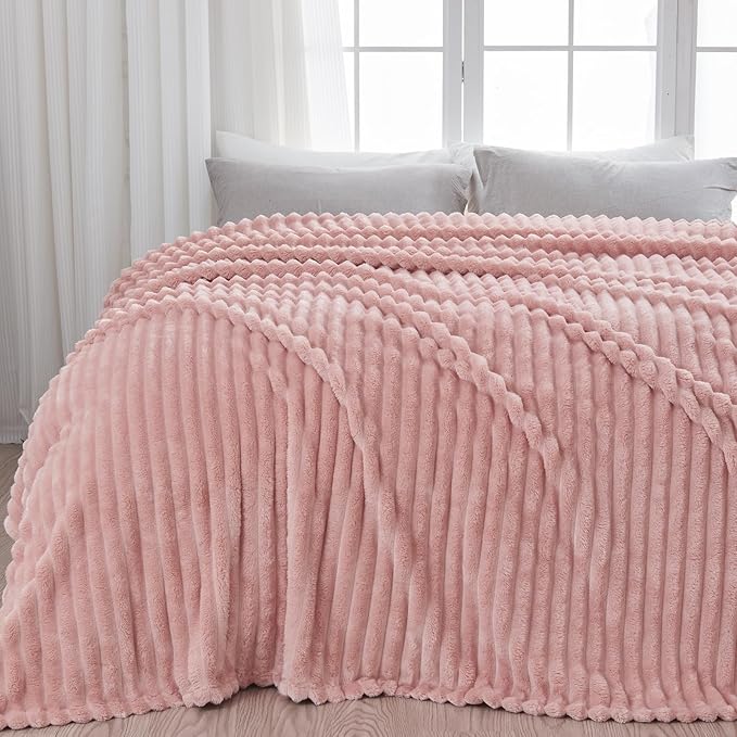 NEWCOSPLAY Fleece Ribbed Cozy Queen Blanket for Couch, Pink, 90"x90" | Premium Silky Flannel Blanket, Soft Lightweight Fluffy Throw Blanket for Bed Sofa Decor, Gift for All Season Use