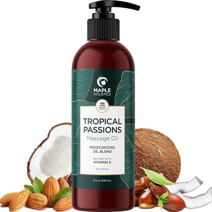 Scented Sensual Massage Oil for Couples - Tropical and Vanilla Full Body Massage Oils with Jojoba Coconut and Sweet Almond Oil with Sweet Aromas for Special Moments - Non GMO Gluten Free and Vegan