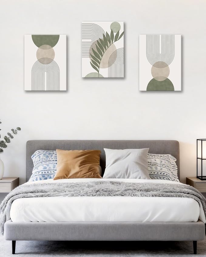 HesenDot 40x60CM Sage Green Boho Wall Art, Botanical Geometric Framed Canvas Bathroom Wall Art, Mid-Century Modern Wood Frame Abstract Prints for Living Room Bedroom Bathroom Home Decor, Set of 3