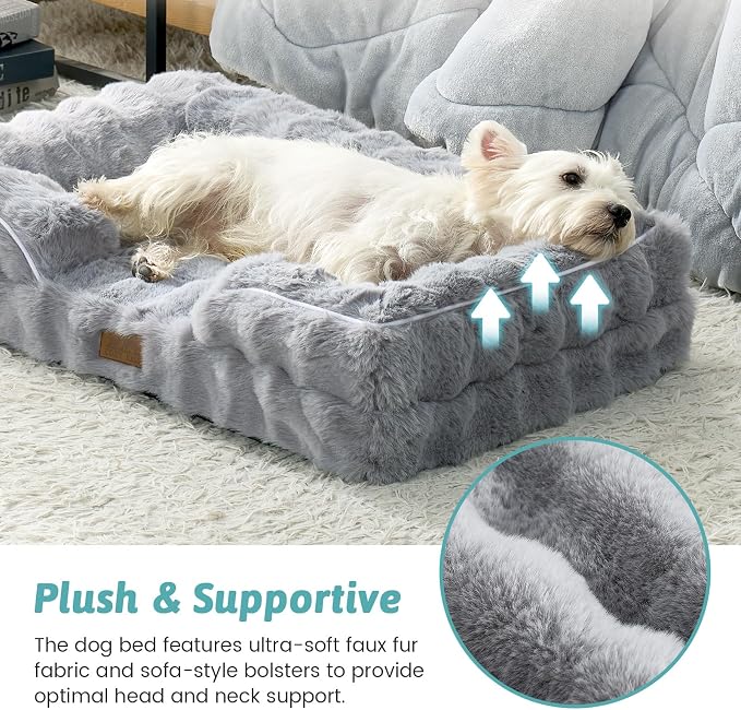 COZY KISS Faux Fur Orthopedic Dog Bed Washable for Large Dogs, L Sized | Soft Warm Pet Sofa with Sides or Bolster, Non-Slip and Big Dog Couch with Removable Waterproof Cover, 36x27 inch, Grey