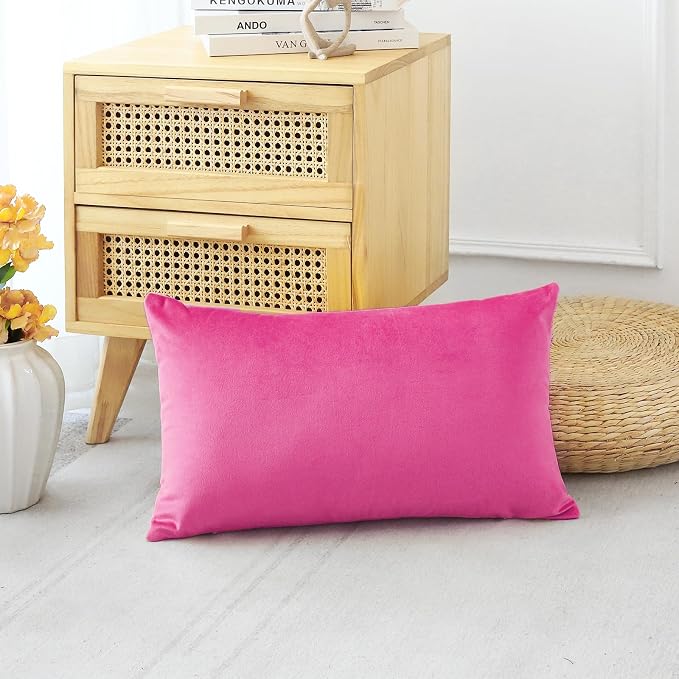 Artscope Luxury Velvet Pillow Covers Decorative Rectangle Pillowcases Soft Solid Cushion Cases for Couch Sofa Bedroom Car Decor 12x20 Inch Hot Pink
