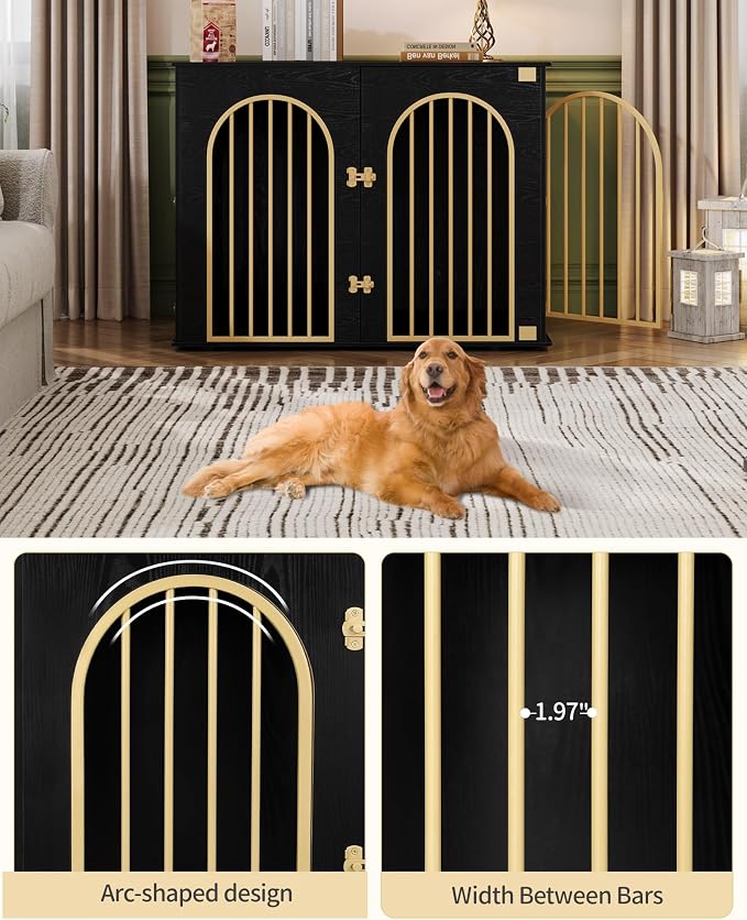 Hzuaneri 44.1'' Dog Crate Furniture,Dog Kennel Indoor for Medium/Large Dogs | Dog Kennel Furniture Wooden Dog Cage Heavy Duty Dog Crate Decorative Pet House End Side Table TV Stand,Black Gold DFC83904A