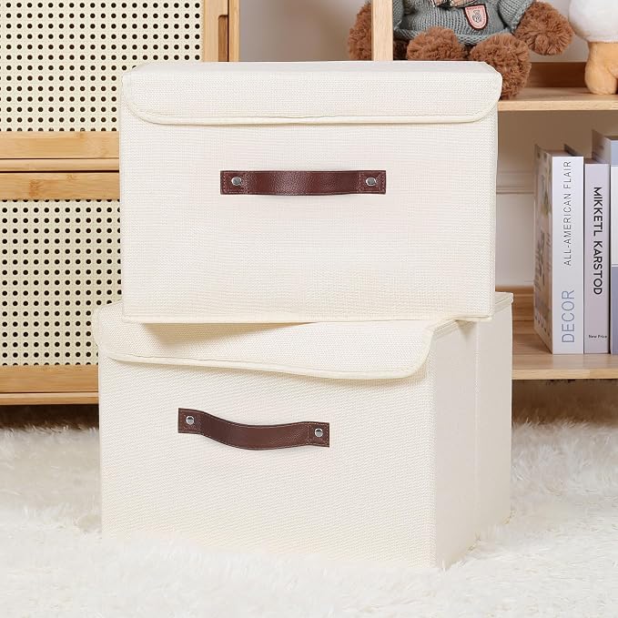 ANMINY Fabric Storage Box Bins with Lids, Beige, 13"x9"x7.9", 2 Pack | Keepsake Memory Storage, Cotton Linen, PP Board Reinforced, Washable, PU Handles, Foldable & Stackable, Decorative, Medium