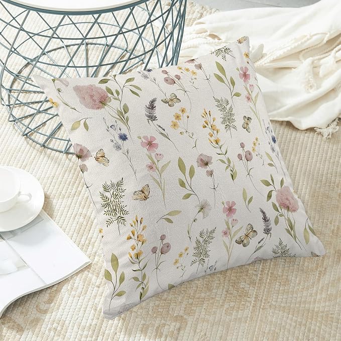 Spring Pillow Covers 16x16 Inch Set of 2, Sage Green Pink Wild Flower Throw Pillows Case,Colorful Seasonal Floral Plant Outdoor Decorative Farmhouse Decor Cushion Covers for Home Sofa Bed Couch