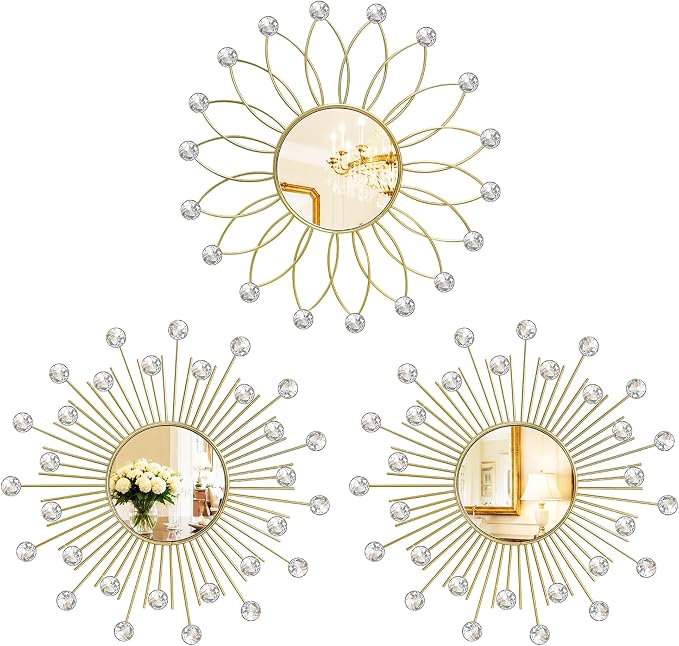 3 Pack Metal Mirrors for Wall Sunburst Wall Mirrors Home Décor Decorative Hanging Wall Art for Living Room Bedroom Entryway (Gold2 Crystal, Flower+Sunburst)