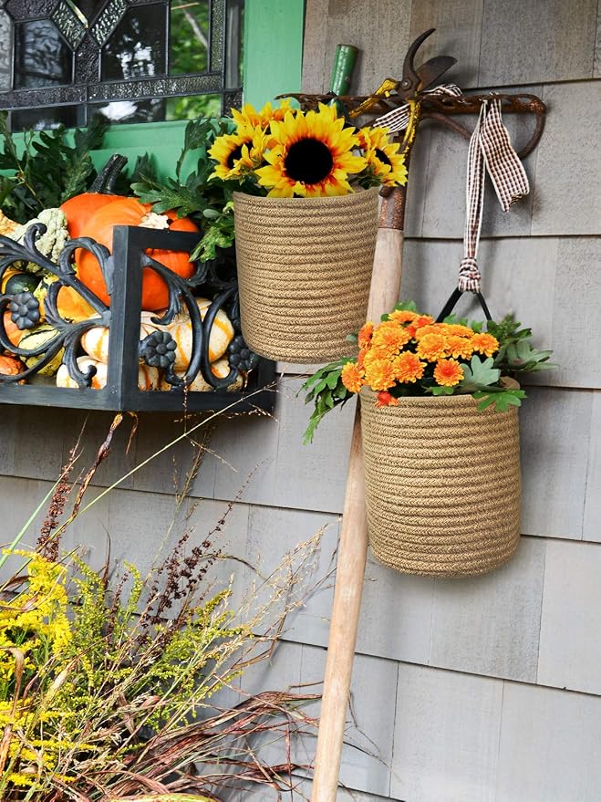 Goodpick 2 Pack Jute Wall Hanging Storage Baskets, Over Door Organizer | Boho Woven Hanging Plant Basket Decor, Decorative Basket for Home, Size 7.87×7×11.7 Inches for Wall Flower & Home Storage