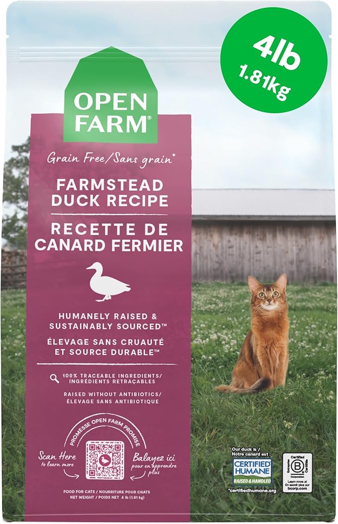 Open Farm Grain Free Dry Cat Food, Farmstead Duck Kibble, 4lb Bag | All Life Stages, High Protein, Prebiotic Fibers, 100% Traceable Ingredients, Non-GMO Fruits & Veggies.