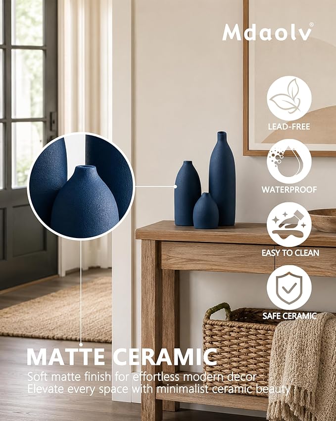 Mdaolv Matte Blue Vase Set Navy Blue Decor Coastal Decor Vases for Kitchen Island Living Room Office Table Fireplace Mantle Decorations & Bathroom Shelf Decor Centerpiece Table Decorations Ceramic