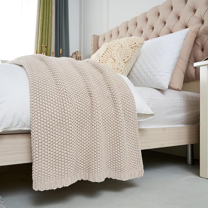 Chunky Cable Knit Throw Blanket Lightweight Beige 100% Organic Cotton Blanket for Sofa Couch Bed Baby Nursery, Rustic Shabby Chic Modern Farmhouse, 60” x 80”