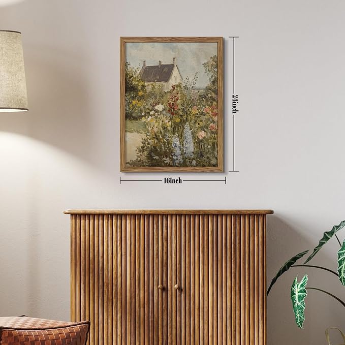 Vintage French Country Cottage Framed Canvas Wall Art – Impressionist Flower Garden Oil Painting Print, Rustic Floral Landscape Decor for Living Room Bedroom Nursery Office 16x24 inch