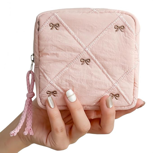 Small Makeup Bag | Discreet Period Bag Pad Pouch for Purse| Sanitary Napkin Storage & Tampon Holder for Travel (Quilted bow pink)