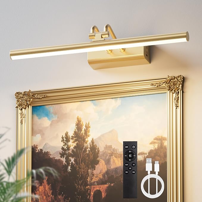 13.8'' Battery Operated Picture Light for Wall, Remote Control | 4000mAh Cordless,Gold Wall Light, Magnetic for Easy to Charge,Timers, Display for Gallery Living Room Bedroom