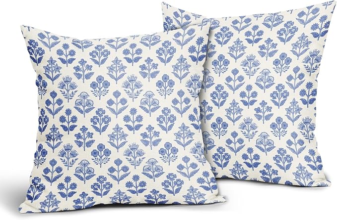 Blue Floral Block Print Pillow Covers 16x16 Inch Set of 2, Vintage Flower Decorative Throw Pillowcases for Home, Outdoors