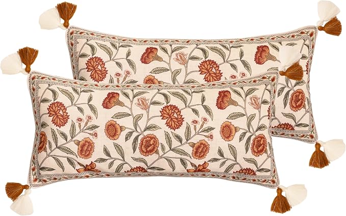French Linen Rectangle Throw Pillow Cover,Set of 2,28"x12"-Albano A | Designer Vintage Pillow Cover,Concealed Zipper Design,Orange Floral Pattern,Sofa,Bedroom,Living Room,Lounge Chairs