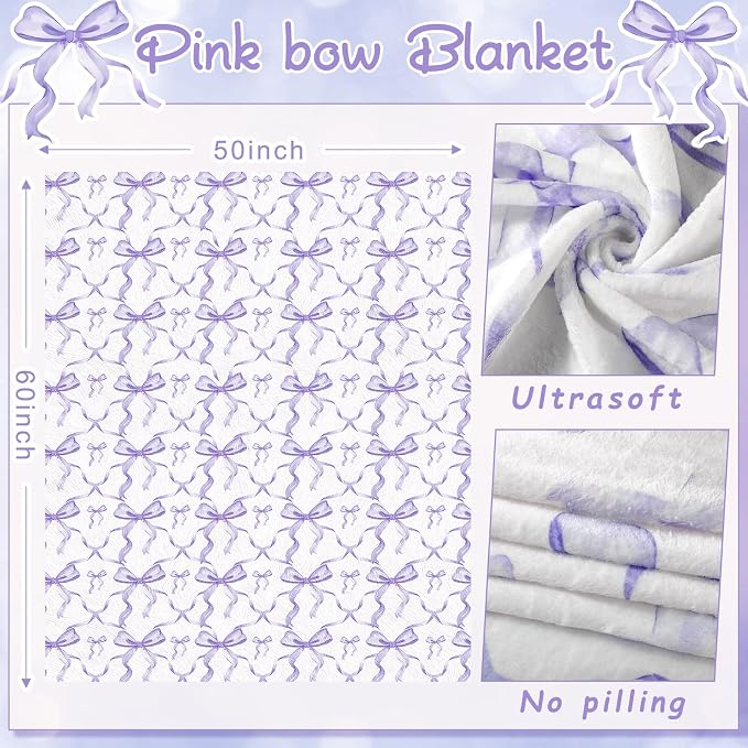 Purple Bow Throw Blanket 50"x60" Soft Flannel for Girls Women | Coquette Aesthetic Decor with Ruffled Edges, Ultra Plush Bed Sofa Blanket, Preppy Gift for Teens, Back to School Dorm Room