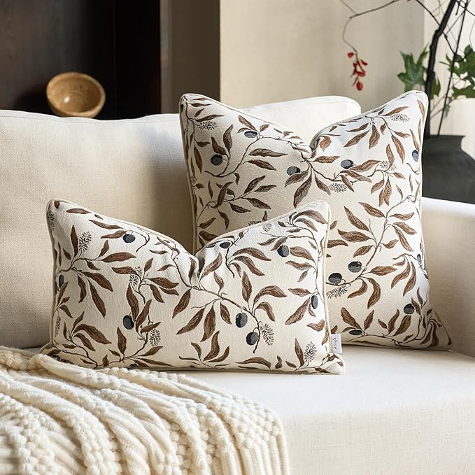 Alerfa Beige Floral Throw Pillow Cover 20 x 20 Inch Sqaure Luxury Decorative Pillow Cover for Couch Living Room Bedroom
