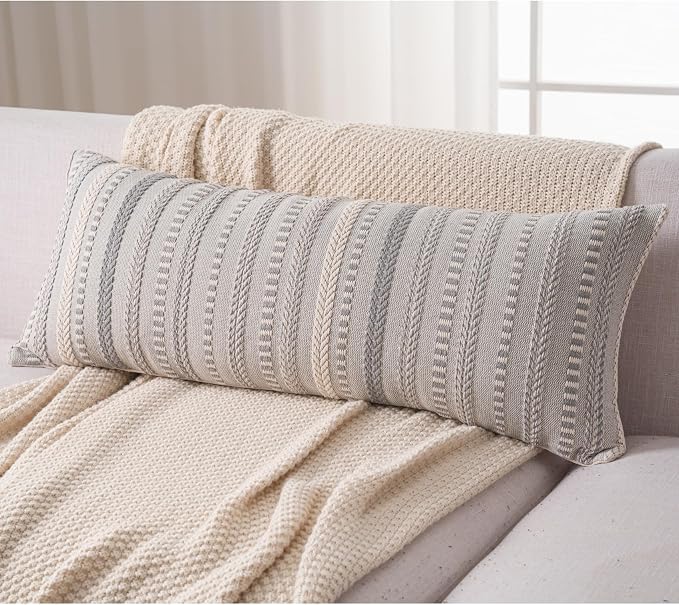 Cethom Boho Lumbar Pillow Covers 14x36 Long, Farmhouse Decorative Couch Pillow Cases, Grey Accent Pillows of Bed, Sofa Bedroom Living Room Home Decor Cushion Cover, Pack of 1