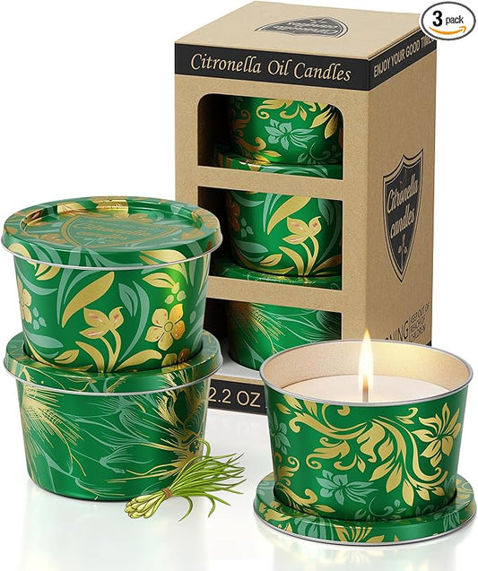 Citronella Candles Outdoor for Patio-3pcs Natural Soy Wax Portable Citronella Oil Candles in Decorative Tins, Long Lasting Summer Essentials for Camping, Backyard BBQ, Gardening & Outdoor Dining