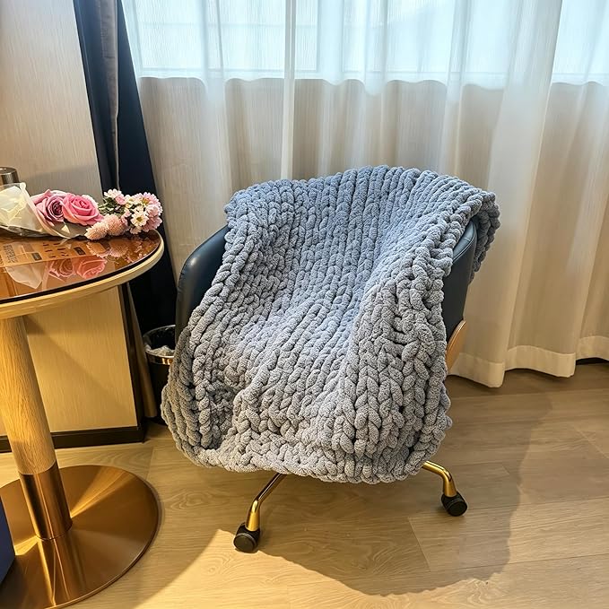 Soft Chunky Knit Throw Blanket for Couch, Cozy Warm Knitted Blankets | Hand Knit with Jumbo Chenille, Lightweight Warm Fluffy Decor for Women, Mom, Her & Girls, Sofa, Chair, Bed,48"×71"(Airy Blue)
