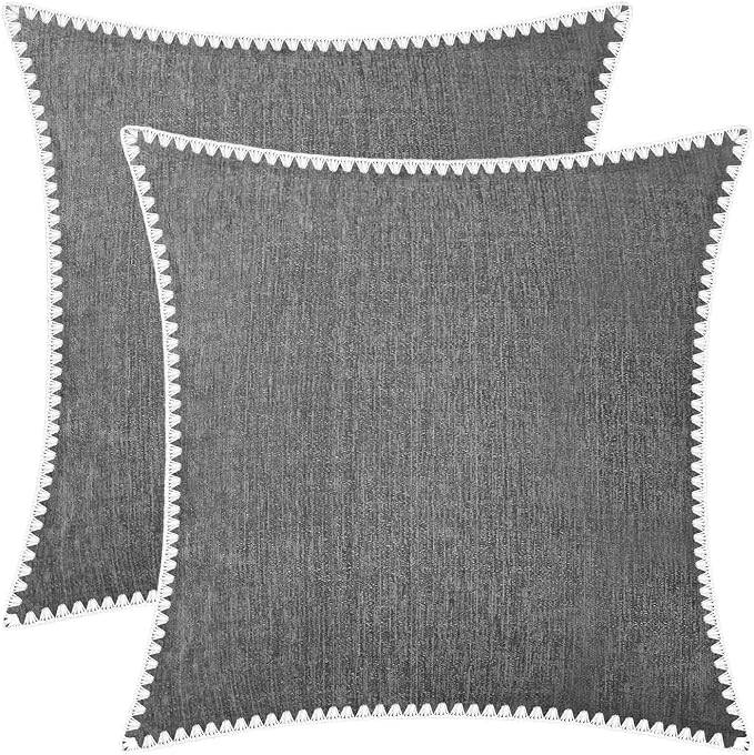 BRAWARM Chenille Throw Pillow Covers 18x18 Inches, Gray, 2 Pack | Decorative Pillow Covers with Shell Edge, Soft Cushion Cases for Sofa Bed Living Room Home Farmhouse (No Insert)