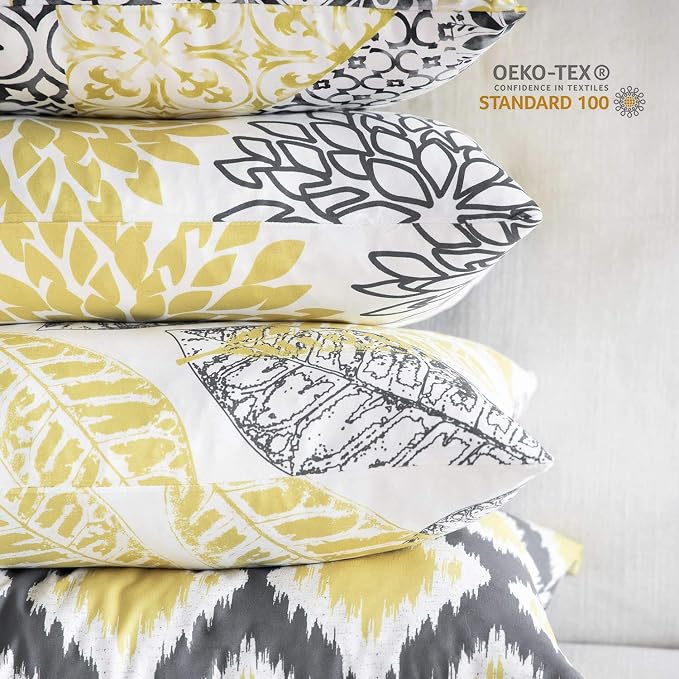 Phantoscope Set of 4 New Living Series Leaf Geometric Throw Decorative Pillow Cover Cushion Cover, Yellow and Grey, 22 x 22 inches, 55 x 55 cm