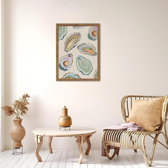 Framed Oyster Shell Canvas Wall Art, Colorful Abstract Wall Art Print, Coastal Beach House Wall Decor, Summer Dining Room Picture Poster, Modern Kitchen Oyster Oil Painting Artwork 12x16 inch