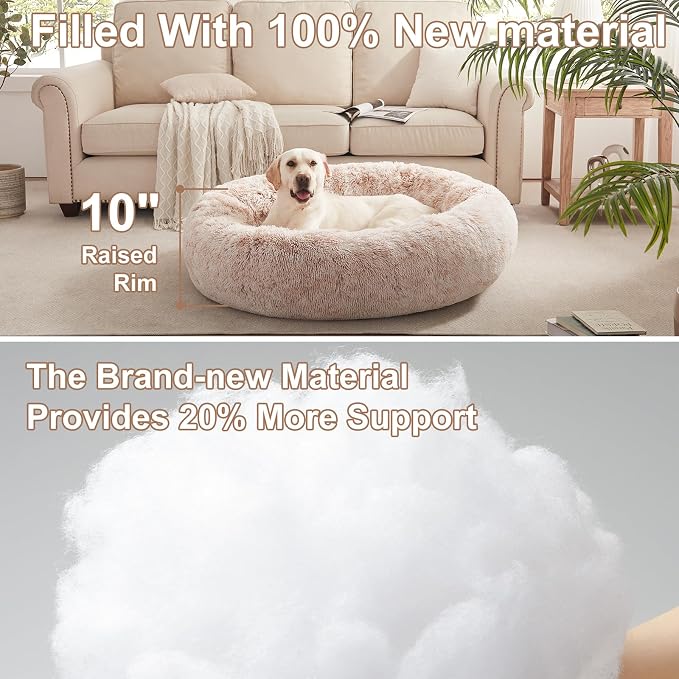 45 in Faux Fur Fluffy Donut Dog Bed for Extra Large Dogs,Brown | Calming Plush Round Jumbo Pet Bed with Removable & Washable Cover,Fits up to 120 lbs Pets