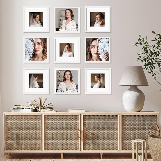8x8 Picture Frame Set of 9, Display Pictures 4x4 with Mat or 8x8 without Mat, Multi Collage Gallery Square Photo Frames for Wall or Tabletop, White