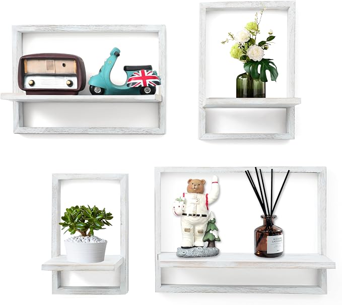 Floating Shelves for Wall,Decorative Wall Shelves,Plants Shelf Framed | Square Wall Decor,Art Sconces Artificial Vases Hanging Storage Shelf for Bathroom Living Room,Wood,Set of 4,Rustic White