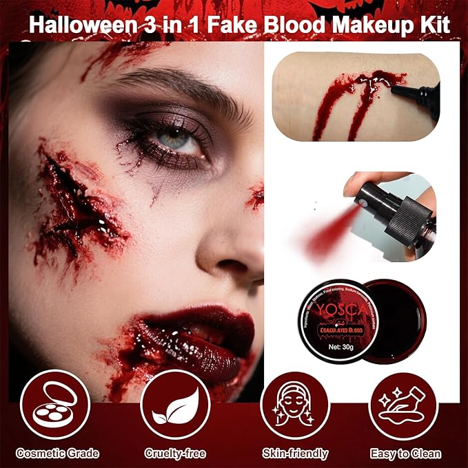 Yosca 3Pcs Halloween Fake Blood, Realistic Washable Fake Blood Spray, Dripping, Coagulated Halloween Makeup Kit, Face Body Paint Special Effects Makeup for Clown Zombie Bride Vampire Monster Cosplay