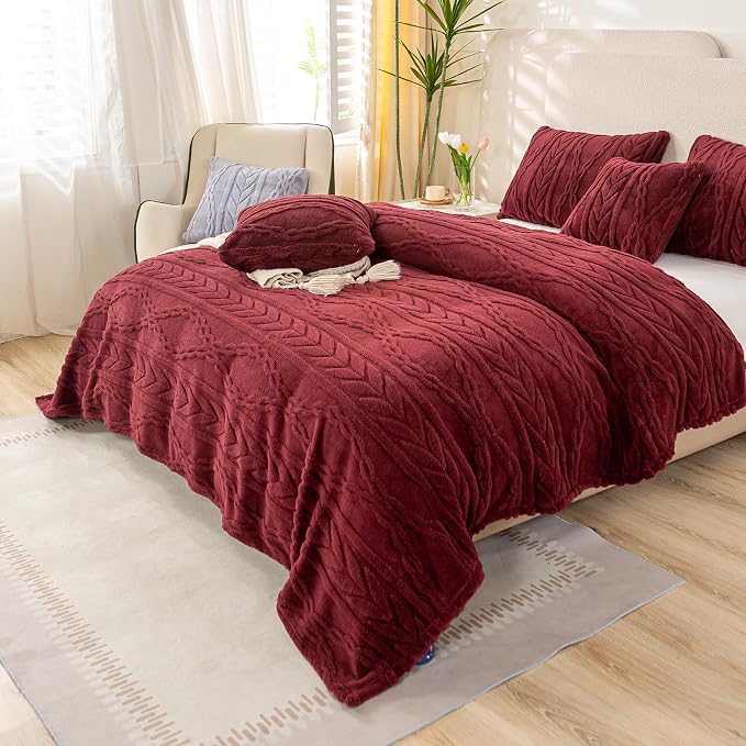 YUSOKI Sherpa Fleece Queen Size Blanket, Burgundy Red, 90"x90" | 3D Stylish Design,320GSM, Non-Shedding, Lightweight for All Season Use, stays fluffy after repeated washes, Perfect Gifts