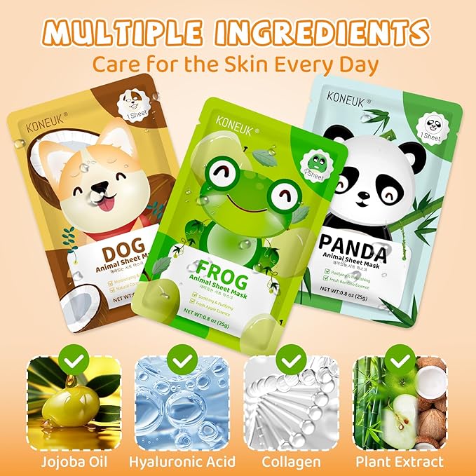 18 Pack Animal Face Mask for Kids, Bulk Sheet Face Masks Skincare for Girls, Collagen Hydrating Face Mask Spa Party Gifts for Teens, Easter Basket Stuffers, Birthday Gifts for Women