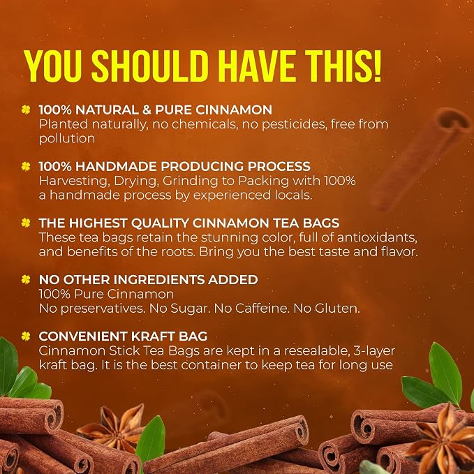 FreshDrinkUS, Premium 75 Cinnamon Tea Bags, 100% Natural & Pure, Herbal Tea, Made with Natural Materials-Corn Fiber Tea Bags, Sugar/Caffeine/Gluten Free. Warmly Taste and Balance.
