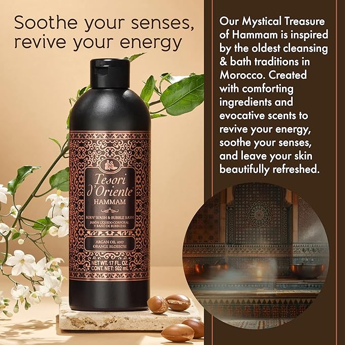Tesori d’Oriente Hammam Body Wash & Bubble Bath, 17.5 fl oz, Gentle, Hydrating Shower Gel with Argan Oil & Vitamin E, Warm Orange Blossom Scented, No Silicones, Parabens & Mineral Oil