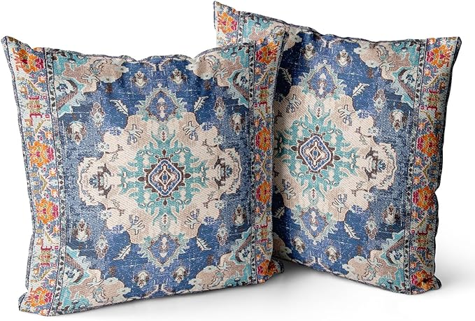 Snycler Boho Throw Pillow Covers 26x26 inch Set of 2 Boho Rug Carpet Double Sided Pattern Cotton Soft Pillow Case Cushion Cover Pillowcase for Couch Sofa Bed Decorative (Blue)