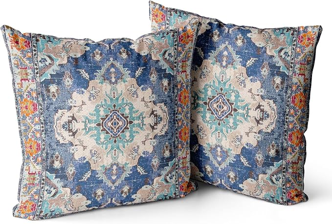 Snycler Boho Throw Pillow Covers 24x24 inch Set of 2 Boho Rug Carpet Double Sided Pattern Cotton Soft Pillow Case Cushion Cover Pillowcase for Couch Sofa Bed Decorative (Blue)