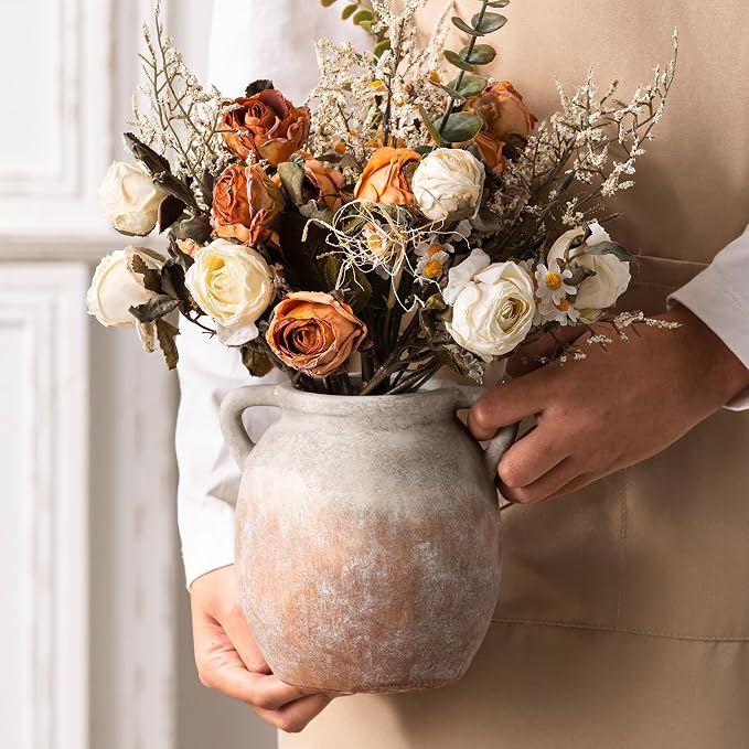 Dobbyby Ceramic Flower Small Vase 6 inch Farmhouse Rustic Vase Decorative Pottery Terracotta Vases for Home Decor Table Mantle Fireplace Living Room Bathroom Wedding Centerpiece