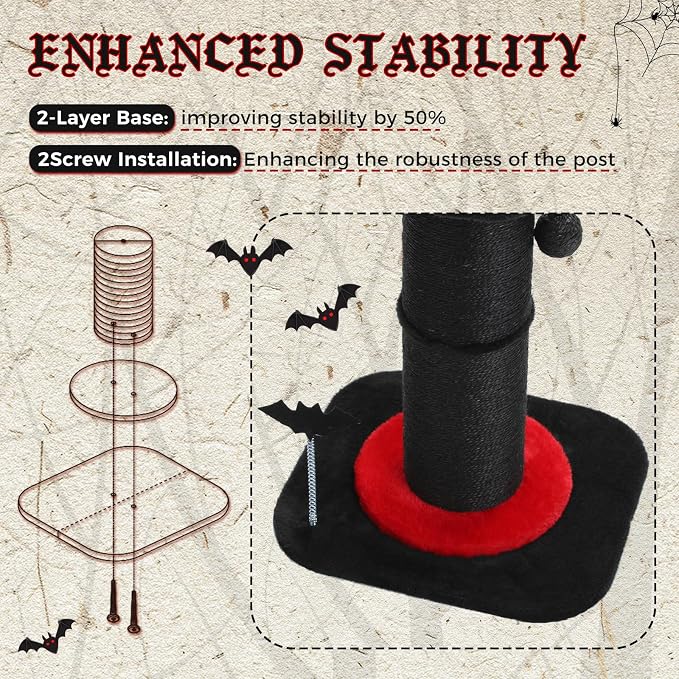 PEQULTI Gothic Cat Scratching Post, Super Thick 5.5in Sisal Post, Black | Small cat & kitten scratcher: removable cat bed, sisal + spring ball, enlarged double base; Gothic black cat tree