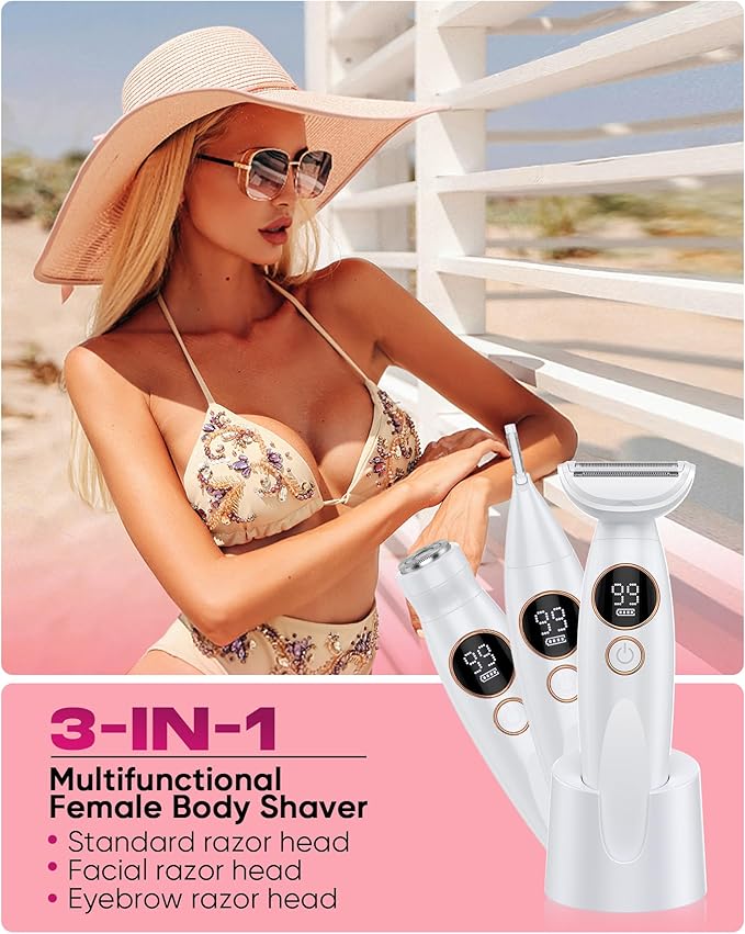 ANYLIV 3 in 1 Bikini Trimmer for Women, Electric Razors for Women with Display, Painless Bikini Trimmer, USB Charging, Electric Shaver for Woman,Shaver for Woman for Face, IPX7 Waterproof,White